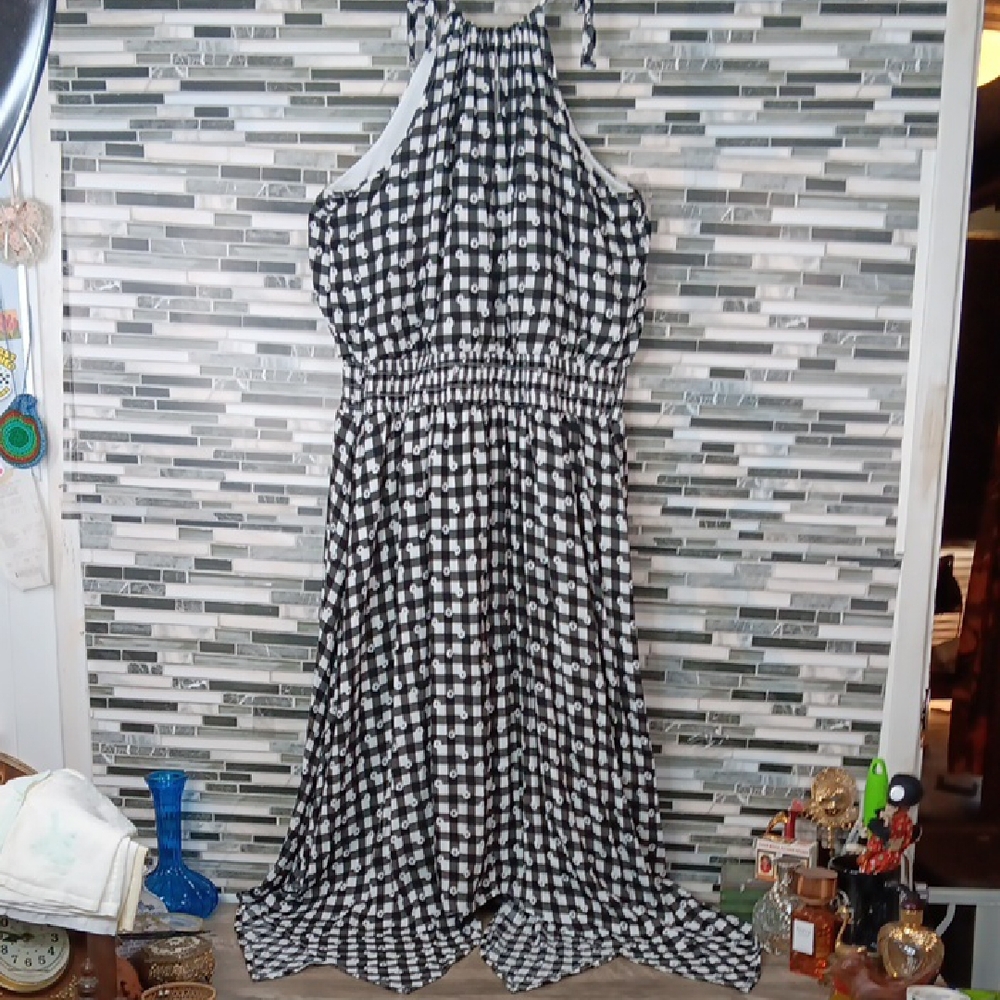Black Gingham Halter Straps RacerBack Summer Dress Asymetric Flowy NWT LG
